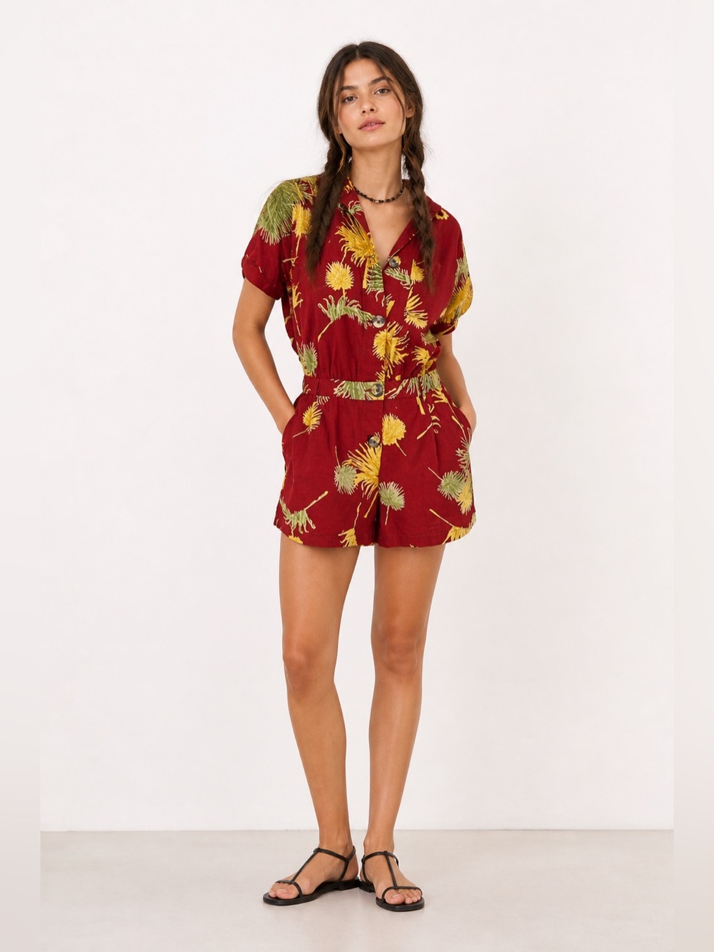 Free People Malibu  jumpsuit Red Tropical Print Short Romper